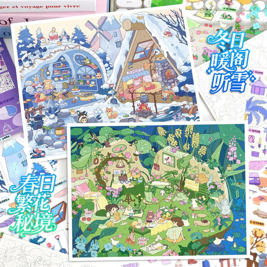 DIY mininature Scene Sticker YiLan Vol. 117 Four Seasons Spring Blossom Secret Land Summer Shell Post Office Autumn Pumpkin Cottage Winter Snow Pavilion - L 2