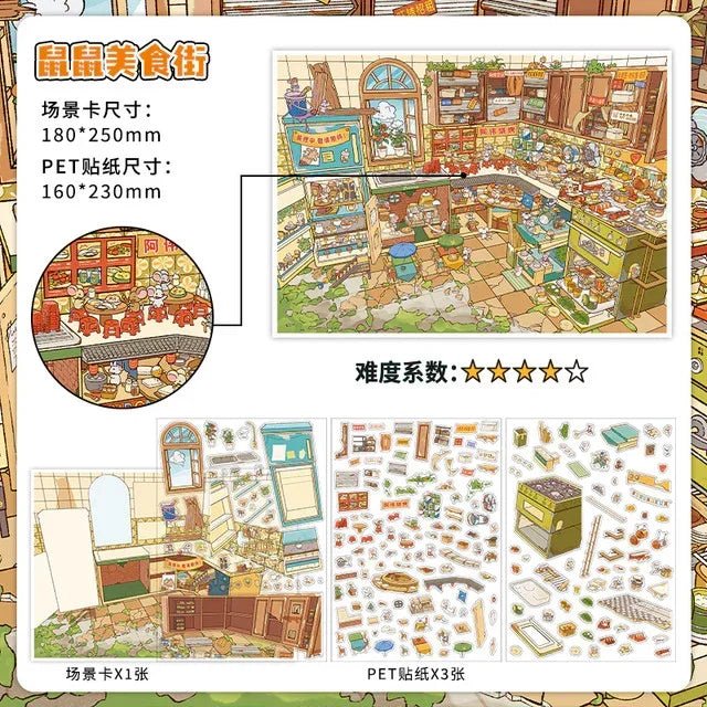 Cute illustrated raccoon and mouse food market scene sticker set with miniature shop details.