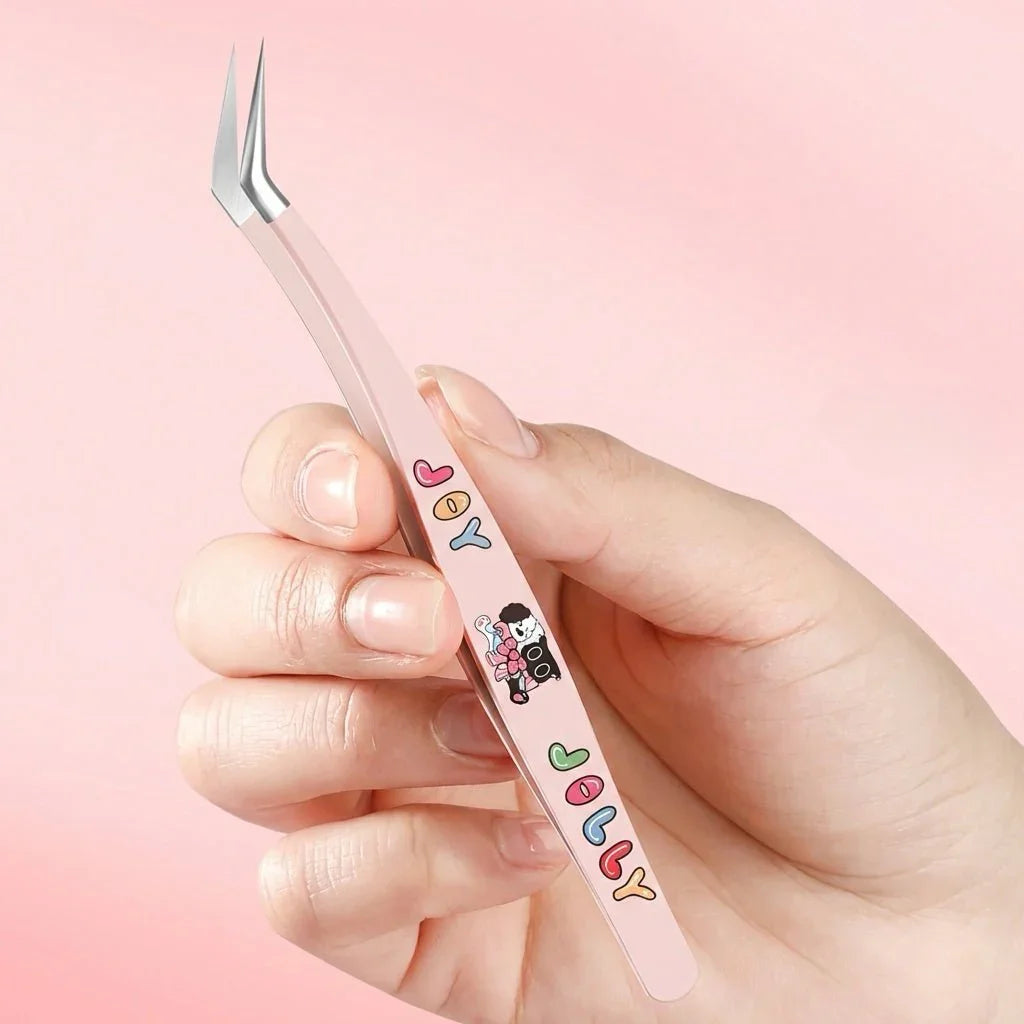 Hand holding pink long angled precision tweezers with cartoon design on pastel background