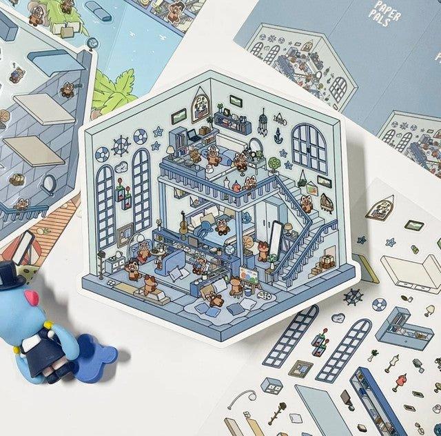 Miniature scene sticker sheet featuring a cozy living room with animal characters and furniture.