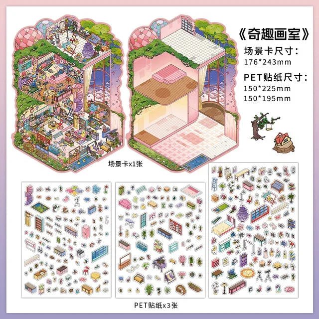Miniature room scene sticker set with colorful furniture, decor, and journaling accessories.