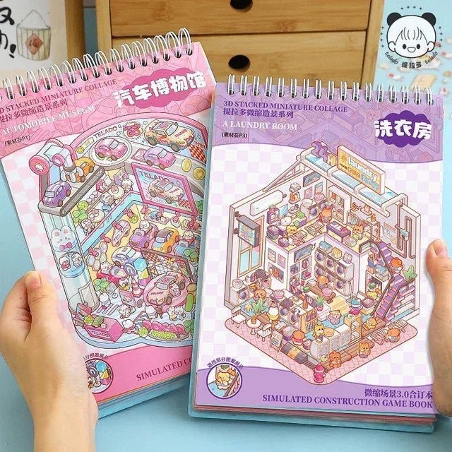 Hands holding spiral-bound books with cute 3D miniature collage scene stickers, automotive museum and laundry room themes.