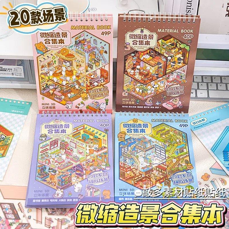 Colorful 3D miniature scene sticker books with cute animal and town illustrations on desk