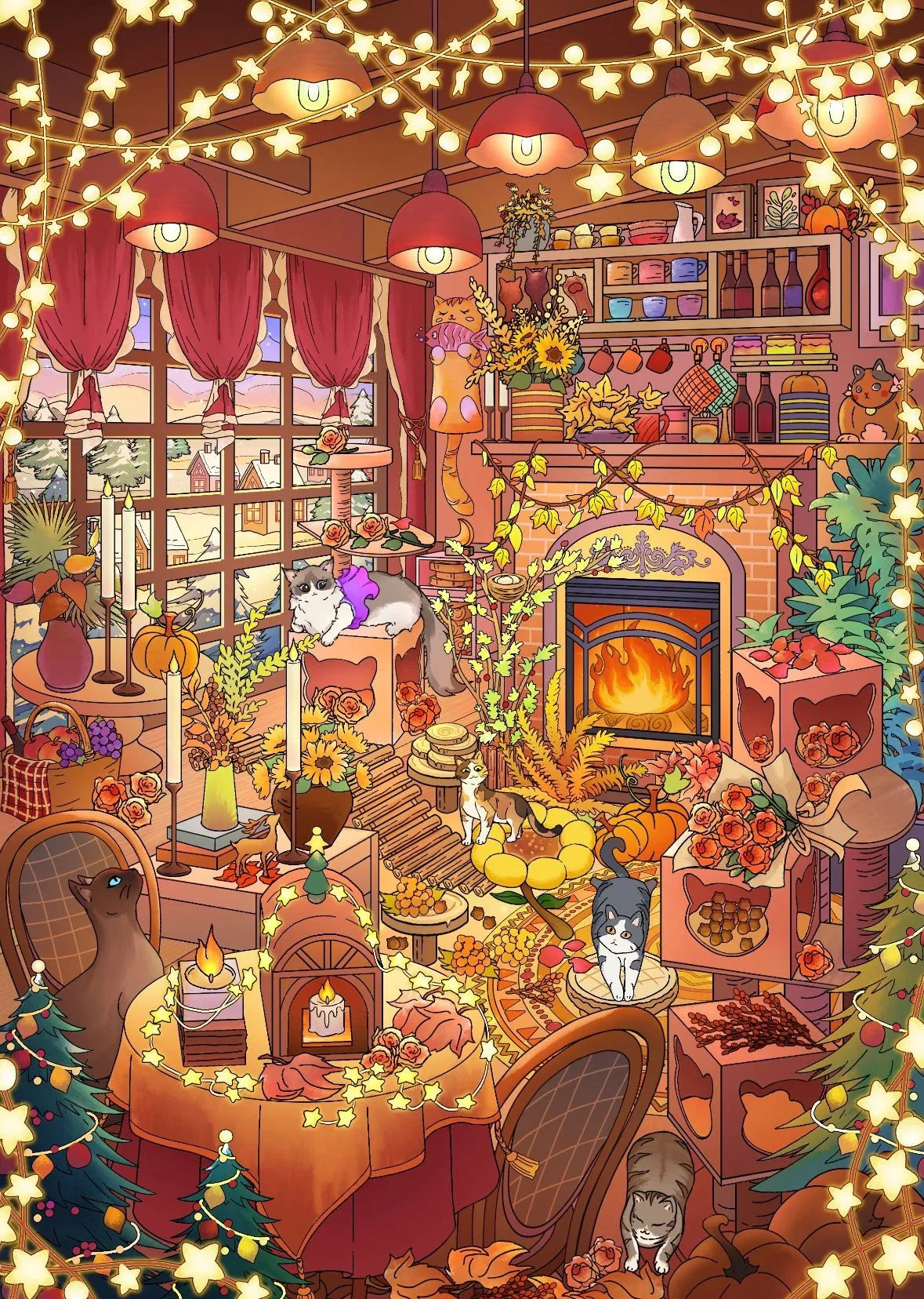 Cozy winter room scene with cats, glowing string lights, fireplace, and festive decorations