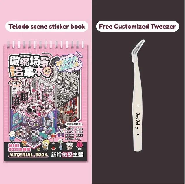 Miniature scene sticker book with pink cover and free white angled tweezer for crafting