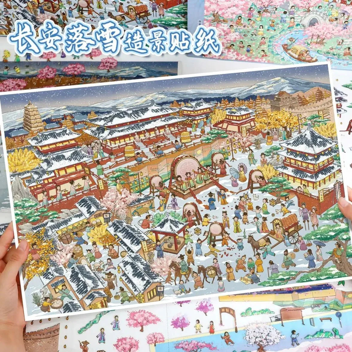 Colorful illustrated sticker sheet of an ancient Chinese town in winter with snow, people, and pagodas.