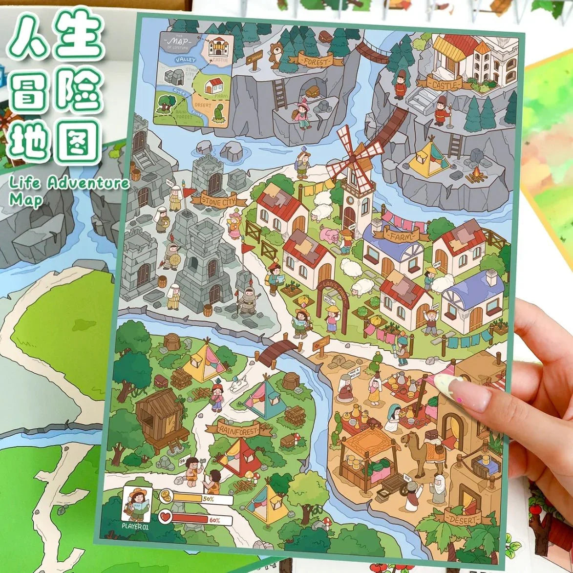Colorful animal farm life adventure map sticker sheet with villages, forests, tents, and cartoon characters.
