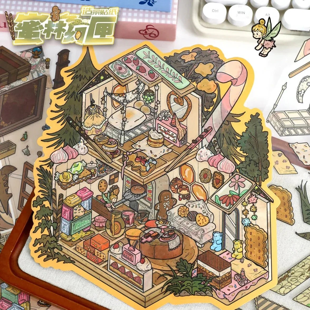 Whimsical miniature house scene sticker with sweets, pastries, and forest decor for journaling