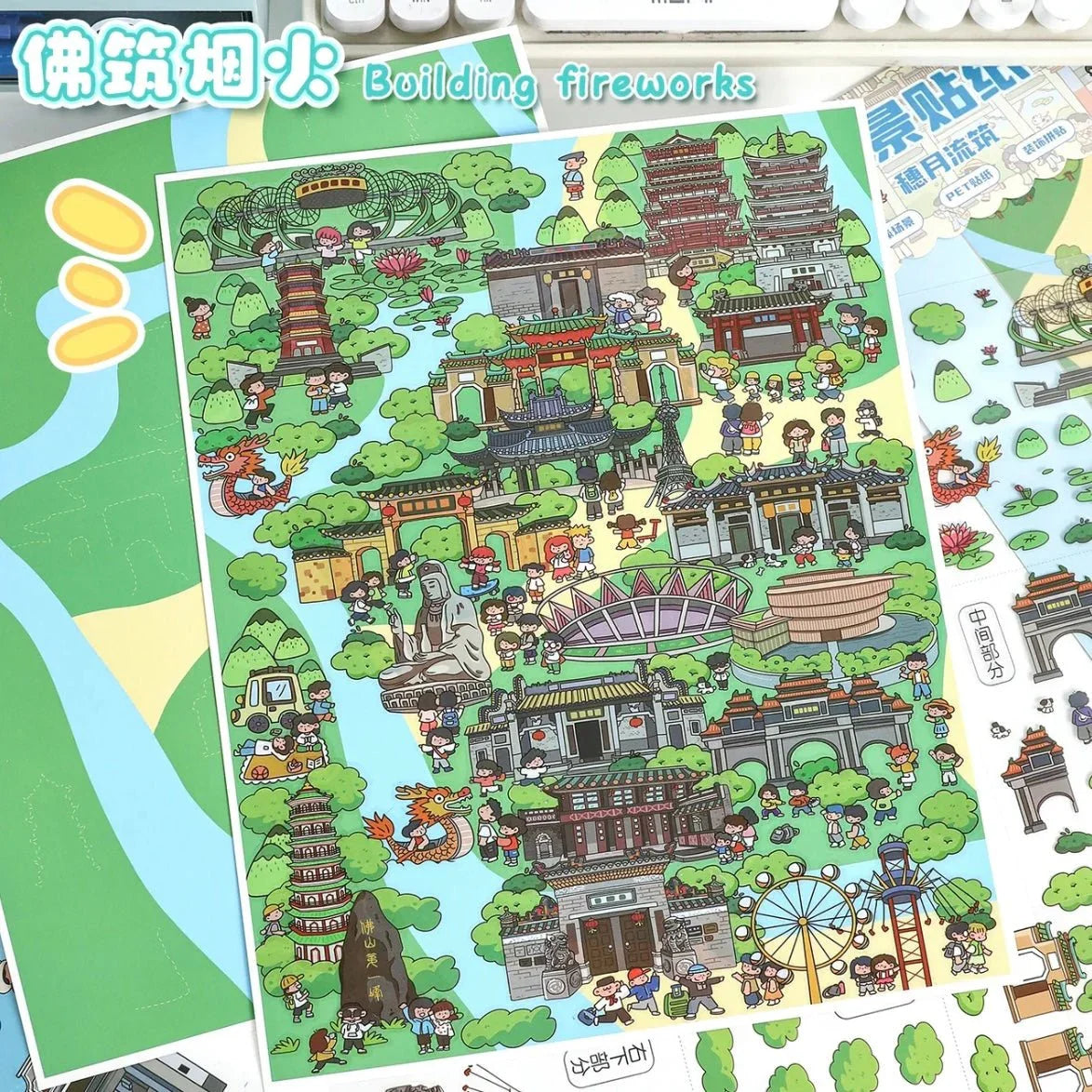 Colorful scene sticker sheet featuring cartoon temples, city landmarks, and people in a vibrant park setting.