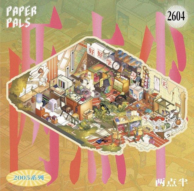 Whimsical sticker art of a cozy miniature room filled with detailed decor, books, and plants.