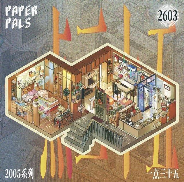 Miniature cozy apartment scene sticker with bedroom, kitchen, and living area for journaling