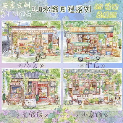 DIY mininature Scene Sticker  Vol. 3 Watercolor Diary Convenience Store + Food Shop Flower Shop + Bookstore - M 1