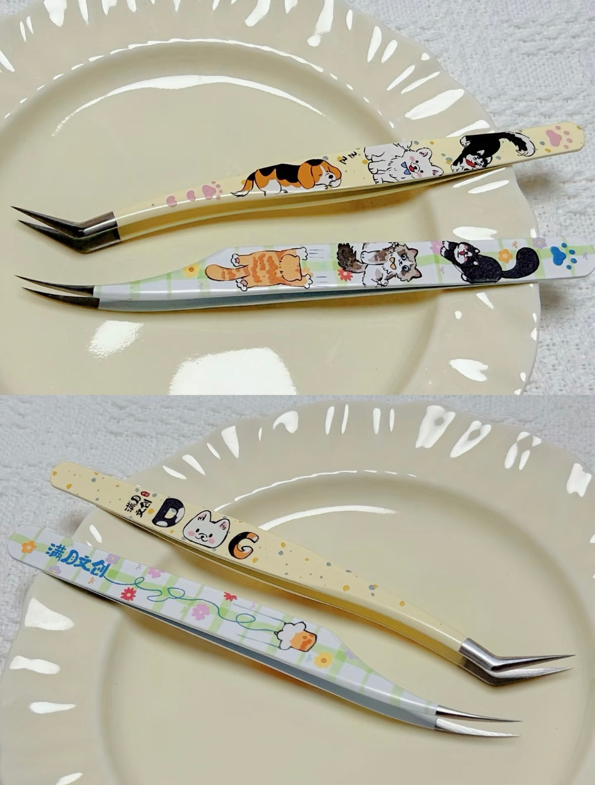 DIY miniature Scene Sticker Fullmoon Tweezers - Cats and Dogs Puppy Angled Tip Tweezers Kitty Curved Tip Tweezers - S 1