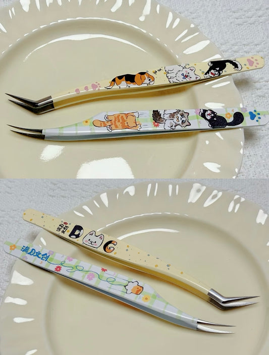 DIY miniature Scene Sticker Fullmoon Tweezers - Cats and Dogs Puppy Angled Tip Tweezers Kitty Curved Tip Tweezers - S 1