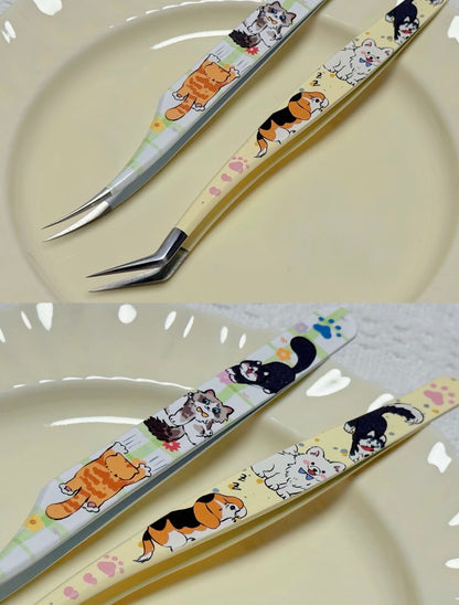 DIY miniature Scene Sticker Fullmoon Tweezers - Cats and Dogs Puppy Angled Tip Tweezers Kitty Curved Tip Tweezers - S 2