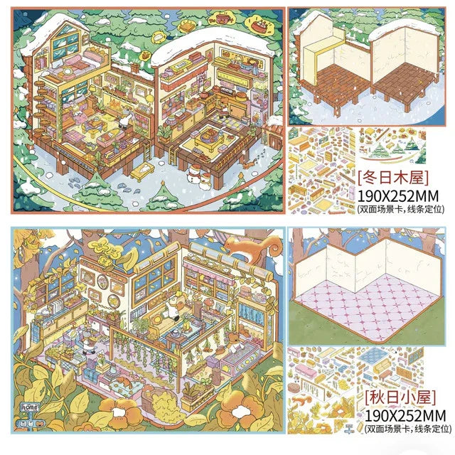 DIY mininature Scene Sticker Fairytales On Paper Vol. 23 Winter Cabin + Autumn Cottage - L 1