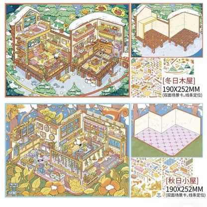 DIY mininature Scene Sticker Fairytales On Paper Vol. 23 Winter Cabin + Autumn Cottage - L 1
