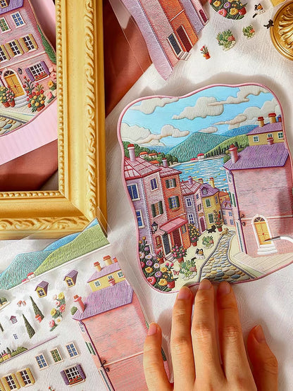 DIY miniature Scene Sticker KETCHUP Girl KETCHUP Girl Journey Amidst Embroidery Series Grassland Village Seaside town Mountain Estate Small-town street scene - M 2