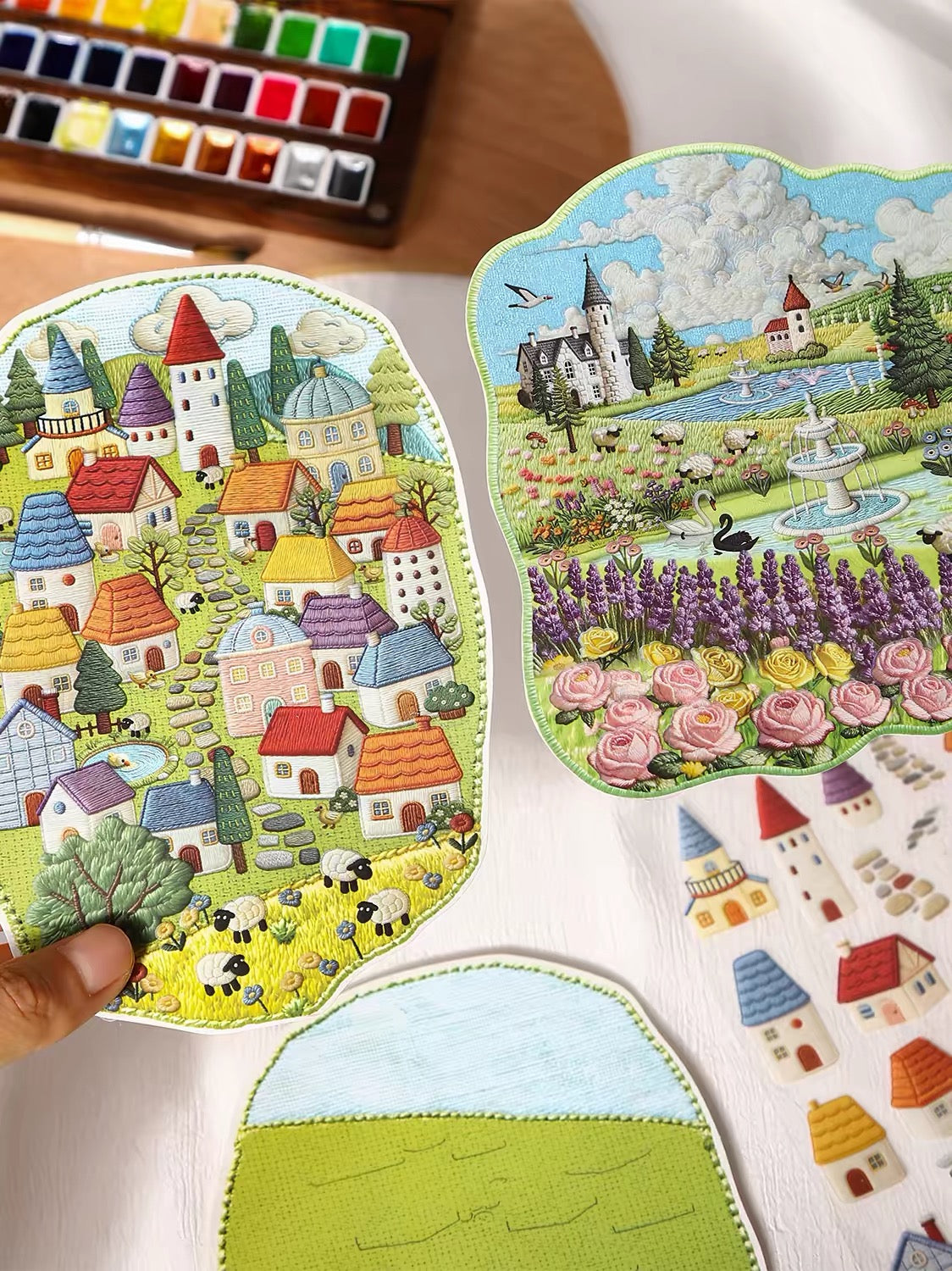 DIY miniature Scene Sticker KETCHUP Girl KETCHUP Girl Journey Amidst Embroidery Series Grassland Village Seaside town Mountain Estate Small-town street scene - M 6