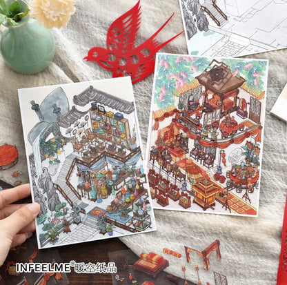 DIY mininature Scene Sticker Infeel.me Boutique series Vol. 43 Pine Breeze Hall Ink Dyed Residence Joy Hall Fortune Pavilion - M 3