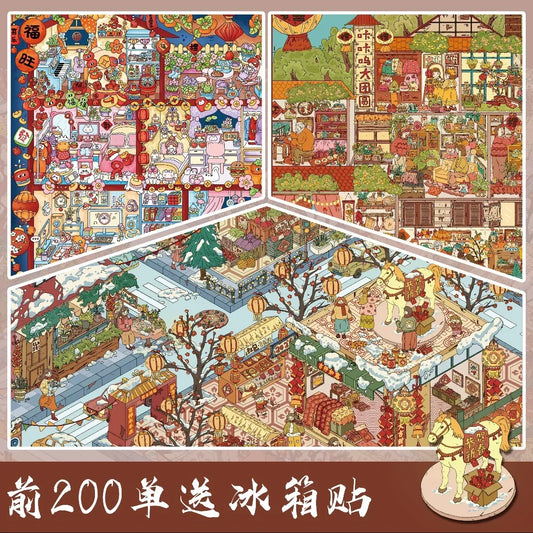 Colorful illustrated scene stickers featuring cozy miniature worlds, winter market, and festive decor.