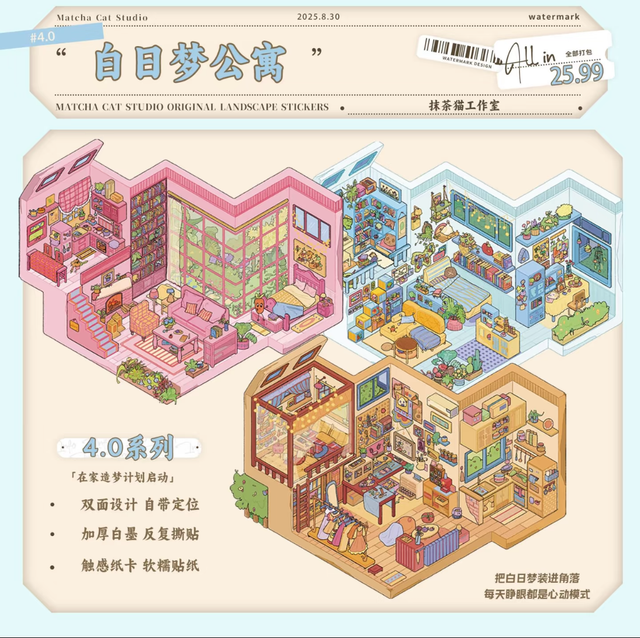 DIY mininature Scene Sticker MATCHA CAT Vol. 4: Daydream Apartment Forest Blue Breath Lucky Homebody Pink Secret Garden - M 1