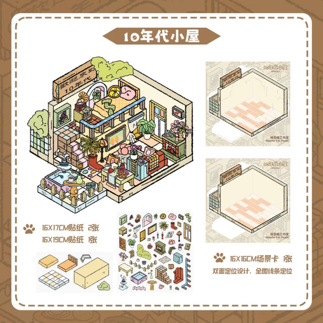 DIY mininature Scene Sticker MATCHA CAT Vol. 9: Memory of Decades 1960s House 1980s House 2010s House - M 4