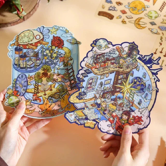 DIY mininature Scene Sticker Mr.Paper Prince Fairy Tale Book The Rose Collector Star Museum Sunset House in the Clouds Galaxy Airship - M 4