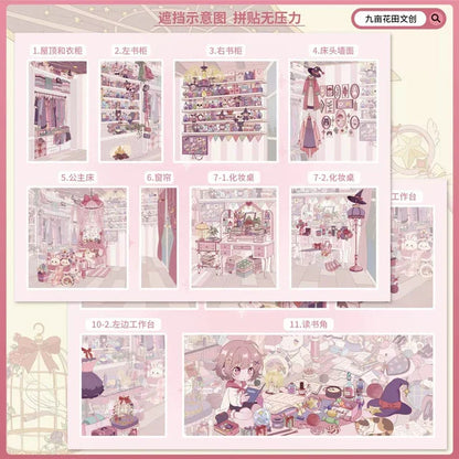 DIY mininature Scene Sticker Nine Flower Vol. 3 Witch Series Pink Magic House Astronomy Library - L 3