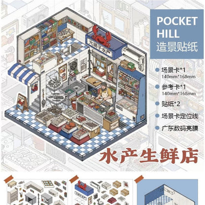 DIY mininature Scene Sticker PocketHill Vol. 18 Vintage Bakery Chubby Breakfast Shop Vintage Toy Shop Seafood Fresh Market - M 4