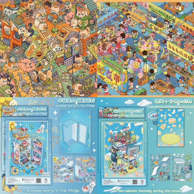 DIY mininature Scene Sticker SANMIAO Vol. 1 Endless Motion Meow Day San Miao's Night Market tales A summer party in the fridge A ten-minute fantasy during the break - L 1