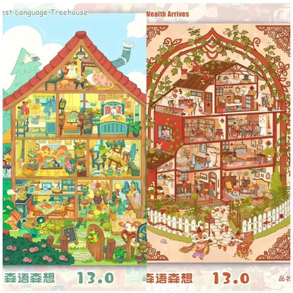 DIY mininature Scene Sticker SenYuSenXiang Vol. 13 Vintage Apartment Building God of Wealth Arrives Forest Treehouse 4-Set Workspace Charity Bazaar + Cafeteria Corner Lost in the Curious Maze Alley - L 2