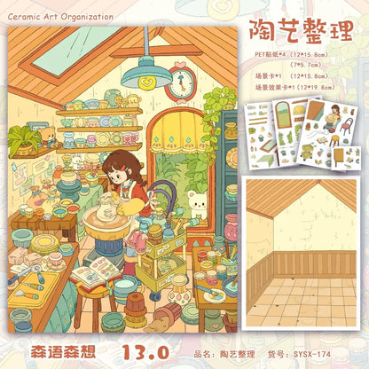 DIY mininature Scene Sticker SenYuSenXiang Vol. 13 Vintage Apartment Building God of Wealth Arrives Forest Treehouse 4-Set Workspace Charity Bazaar + Cafeteria Corner Lost in the Curious Maze Alley - L 5