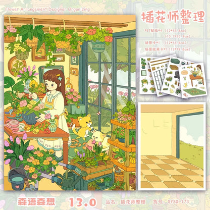 DIY mininature Scene Sticker SenYuSenXiang Vol. 13 Vintage Apartment Building God of Wealth Arrives Forest Treehouse 4-Set Workspace Charity Bazaar + Cafeteria Corner Lost in the Curious Maze Alley - L 7