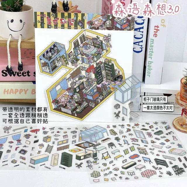 DIY mininature Scene Sticker SenYuSenXiang Vol. 3 Sunny Beach Winter Cabin Night Market Food Stalls Solo American Villa Living - M 3