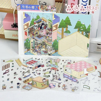 DIY mininature Scene Sticker SenYuSenXiang Vol. 3 Sunny Beach Winter Cabin Night Market Food Stalls Solo American Villa Living - M 4