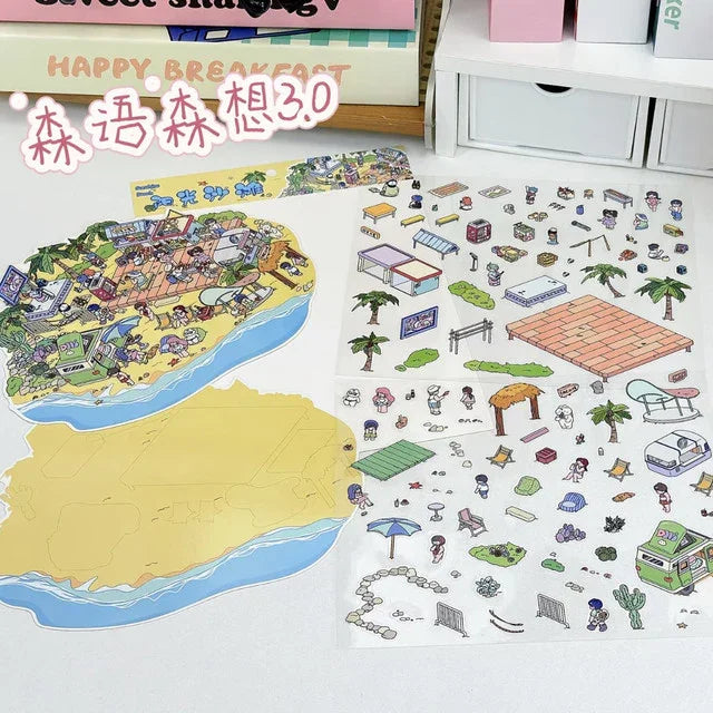 DIY mininature Scene Sticker SenYuSenXiang Vol. 3 Sunny Beach Winter Cabin Night Market Food Stalls Solo American Villa Living - M 5