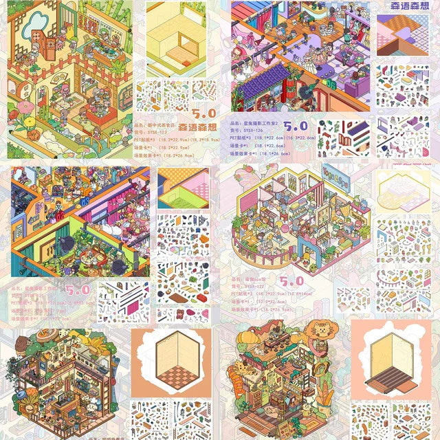 DIY mininature Scene Sticker SenYuSenXiang Vol. 5 Meow Meow Fast Food Meow Meow Bakery New Chinese Tea House Star Bunny Photo Studio 1 Star Bunny Photo Studio 2 Yoga Spa Studio - M 1