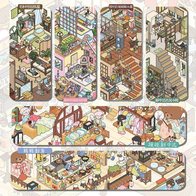 DIY mininature Scene Sticker SenYuSenXiang Vol. 9 Rococo Palace Manor Traditional Korean Hanok Modern Qipao Style New Chinese Courtyard Bear Sashimi Modern Japanese Showa House - M 1