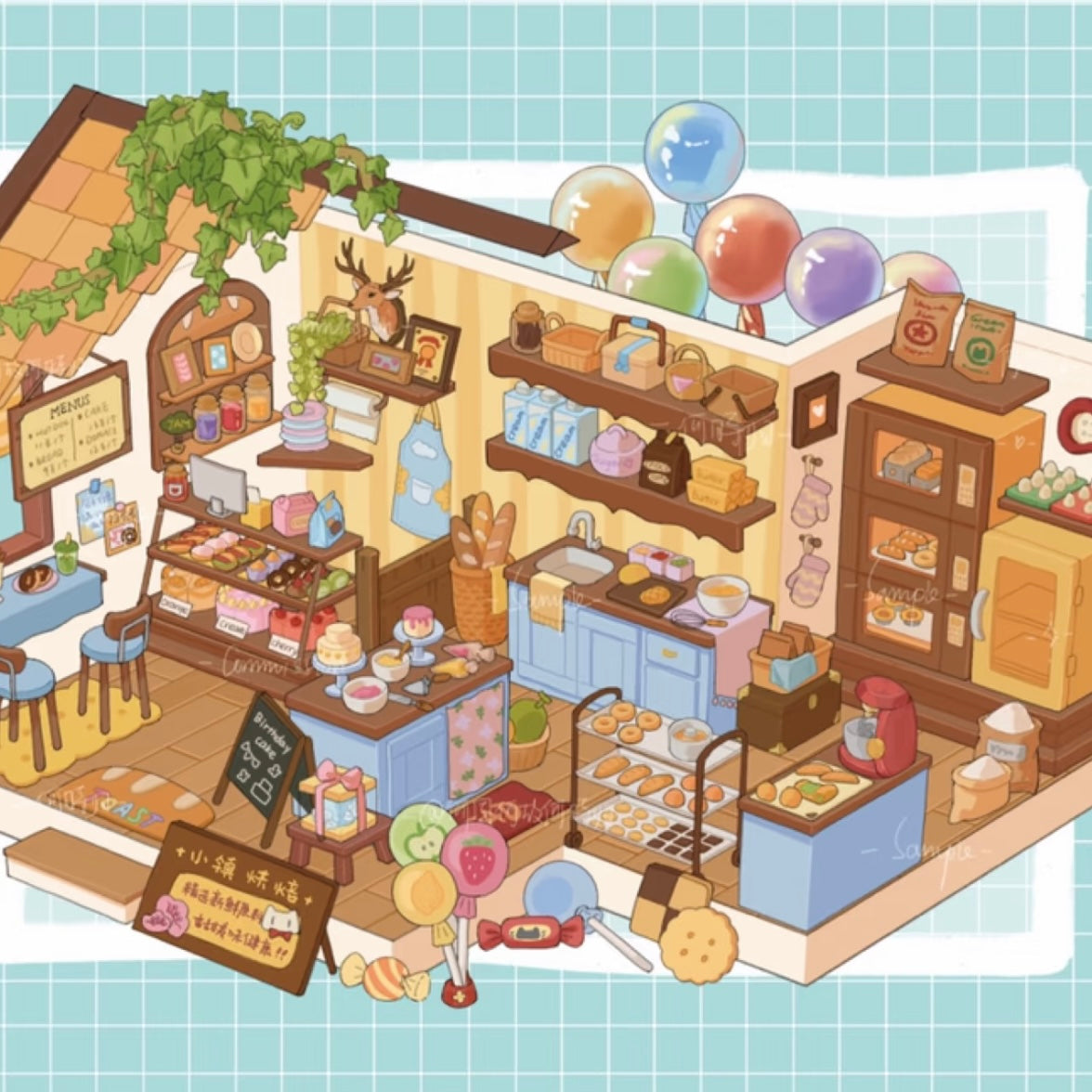 DIY miniature Scene Sticker TieBuWan Vol. 5 Everything in the Town American Barbecue Cat House Town Bakery Wisteria Cottage - L 3