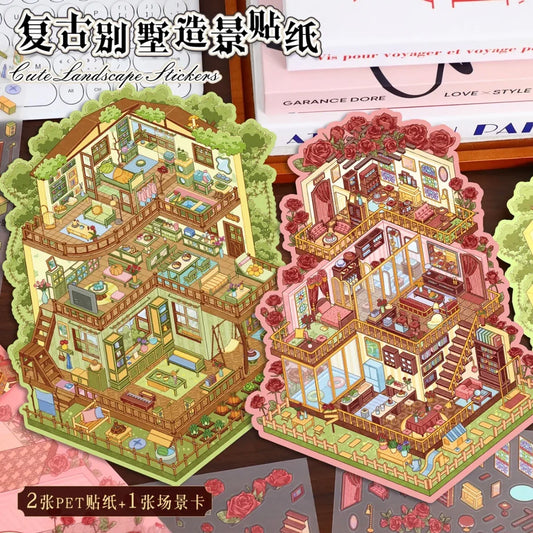 Colorful miniature house scene stickers for journaling or scrapbooking on a wooden table