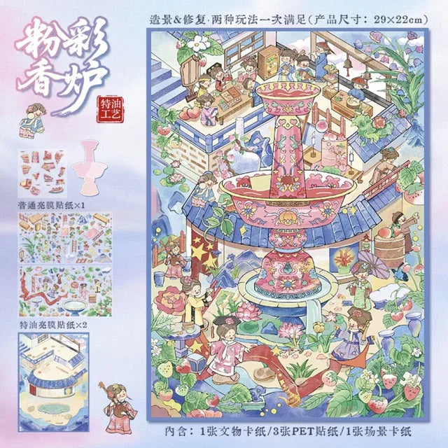 DIY mininature Scene Sticker YiLan Vol. 109 Artifact Restoration Duo Famille Rose Incense Burner Gold-Inlaid Ear Censer - L 6