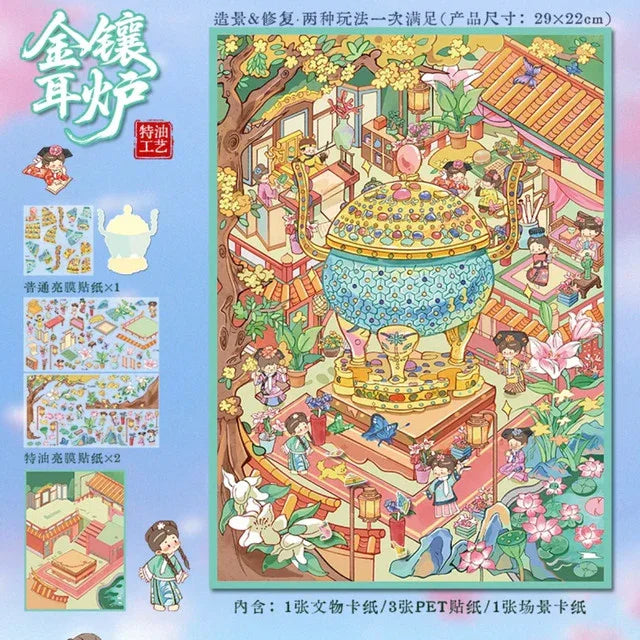 DIY mininature Scene Sticker YiLan Vol. 109 Artifact Restoration Duo Famille Rose Incense Burner Gold-Inlaid Ear Censer - L 7
