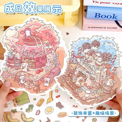 DIY mininature Scene Sticker YiLan Cartoon Scene Chocolate House Avocado Salad Chenpi Rose Teapot Soft Toast House - M 2