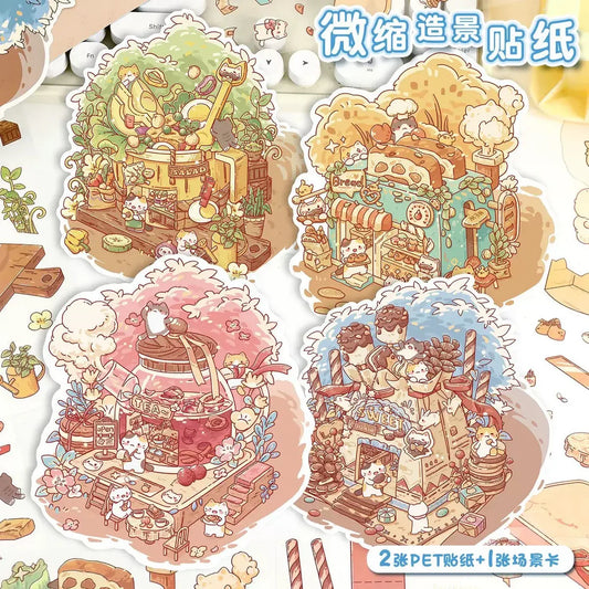 DIY mininature Scene Sticker YiLan Cartoon Scene Chocolate House Avocado Salad Chenpi Rose Teapot Soft Toast House - M 1