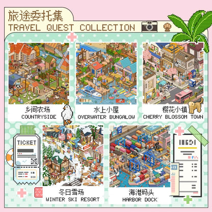 DIY miniature Scene Sticker GUAGUA Vol. 8 Countryside Winter Snowfield Cherry Blossom Town Waterfront Cabin Harbor Dock Gas Station + Convenience Store Vending Machine Dessert Barbecue Vegetables Diving Ticket Sales Pink Cockpit 7-Pack Set - L 2