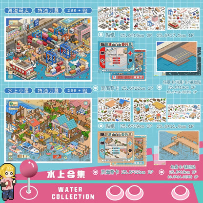 DIY miniature Scene Sticker GUAGUA Vol. 8 Countryside Winter Snowfield Cherry Blossom Town Waterfront Cabin Harbor Dock Gas Station + Convenience Store Vending Machine Dessert Barbecue Vegetables Diving Ticket Sales Pink Cockpit 7-Pack Set - L 3