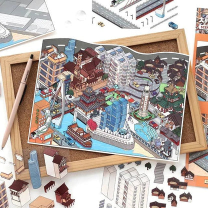 Colorful city scene sticker sheet with buildings, roads, and boats for journaling and scrapbooking