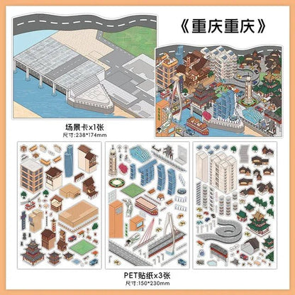 Chongqing city scene building stickers set for journaling and scrapbooking crafts