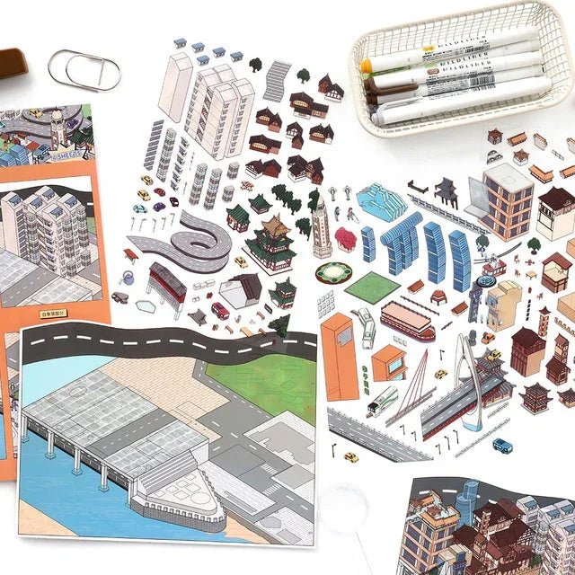 City scene building stickers, roads, and landmarks for scrapbook or journaling crafts